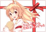  1girl :d animal_ears bell blonde_hair borrowed_character fang fox_ears hair_bell hair_ornament haori japanese_clothes long_hair miko nekojirou ok-ray open_mouth original smile ten&#039;inkou_korin 