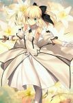  1girl black_ribbon blonde_hair breasts cleavage dress fate/grand_order fate_(series) flower green_eyes hair_ribbon holding_sword holding_weapon official_art pantyhose ribbon saber saber_lily smile solo sword takeuchi_takashi upscaled waifu2x weapon white_dress 