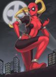  1girl blonde_hair blue_eyes bodysuit breath come_hither hand_on_hip lady_deadpool looking_at_viewer maou_alba marvel mask ponytail solo thighs wanda_wilson 