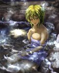  1girl bath black_hair blonde_hair blush breasts fang futagojima highres large_breasts looking_at_viewer multicolored_hair naked_towel open_mouth partially_submerged short_hair sitting smile solo toramaru_shou touhou towel two-tone_hair water wet yellow_eyes 