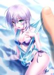  1girl anastasia_(idolmaster) bikini bikini_under_clothes blue_eyes breasts hand_on_own_chest highres idolmaster idolmaster_cinderella_girls open_mouth purple_bikini short_hair side-tie_bikini silver_hair sleeveless sleeveless_hoodie solo_focus swimsuit swimsuit_under_clothes zen 