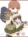  2girls :d age_difference anchor_symbol bag black_hair brown_hair carrying closed_mouth fud hat highres holding_hands kantai_collection kitakami_(kantai_collection) long_hair multiple_girls ooi_(kantai_collection) open_mouth pleated_skirt school_bag school_uniform serafuku short_sleeves shorts skirt smile younger 