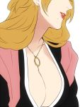  1girl bleach blonde_hair breasts cleavage head_out_of_frame jewelry large_breasts lipstick long_hair makeup matsumoto_rangiku mole mole_under_mouth necklace nuku simple_background solo white_background 