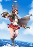  1girl bob_cut brown_hair cape doctorzexxck garrison_cap hat highres ironclad_huascar kantai_collection machinery open_mouth original peru red_eyes short_hair skirt solo standing standing_on_water sword turret uniform weapon 