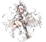  1girl alternate_hair_color arm_cannon feathers long_hair mismatched_footwear red_eyes reiuji_utsuho solo touhou toutenkou very_long_hair weapon white_hair white_legwear wings 