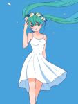  1girl blue_background dress floating_hair green_hair hatsune_miku head_wreath long_hair petals solo twintails vocaloid white_dress 