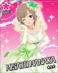  1girl artist_request blue_eyes brown_hair card_(medium) character_name dress elbow_gloves flower_(symbol) gloves green_dress green_gloves idolmaster idolmaster_cinderella_girls jewelry manaka_misato necklace one_eye_closed pink_background short_hair solo sparkle wedding_dress 