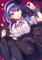  1girl :q black_legwear breasts candy center_frills dagashi_kashi flower hair_flower hair_ornament hair_ribbon hairband looking_at_viewer motyo1964 pantyhose purple_hair ribbon shidare_hotaru short_hair smile solo thighband_pantyhose tongue tongue_out violet_eyes 