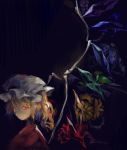  1girl blonde_hair crystal dark flandre_scarlet flower hat highres looking_at_viewer mob_cap nazoko portrait red_eyes short_hair side_ponytail solo touhou wings 