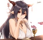  1girl antenna_hair bandaged_arm bandages black_hair breasts chestnut_mouth chin_rest cleavage danua dress drink floating_object granblue_fantasy hair_between_eyes horn_ornament jewelry large_breasts long_hair looking_at_viewer pendant pointy_ears red_eyes signature solo white_dress yatsuka_(846) 