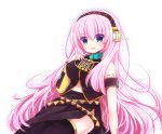  1girl black_legwear blue_eyes blush boots breasts detached_sleeves headset long_hair long_skirt looking_at_viewer megurine_luka midriff open_mouth pink_hair side_slit skirt smile solo sukuneko thigh-highs very_long_hair vocaloid 