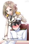  1boy 1girl admiral_(kantai_collection) black_hair blush breast_rest breasts breasts_on_head brown_hair faceless faceless_male glasses gloves green_eyes hat kantai_collection katori_(kantai_collection) military military_uniform naval_uniform pointing uniform yuuki_hb 