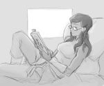  1girl bespectacled commentary glasses korra legend_of_korra long_hair lying monochrome on_back pillow reading simple_background sketch solo william_ruzicka window 