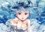  1girl air_bubble blue_eyes blue_hair breasts cleavage dress humo3104 long_hair looking_at_viewer nail_polish original outstretched_arm parted_lips solo strapless_dress underwater white_dress 