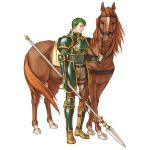  1boy armor closed_eyes fire_emblem fire_emblem:_souen_no_kiseki green_hair highres holding_weapon horse kita_senri lance official_art oscar polearm simple_background spaulders weapon white_background 