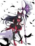  1girl axe black_hair black_legwear colored feathers garter_straps gate_-_jieitai_ka_no_chi_nite_kaku_tatakaeri gothic_lolita hair_ribbon highres lolita_fashion long_hair red_eyes ribbon rory_mercury weapon 