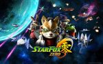  4boys airplane arwing blue_eyes copyright_name explosion falco_lombardi fox_mccloud furry green_eyes hat headset highres jacket laser_beam looking_at_viewer mecha multiple_boys nintendo no_humans official_art peppy_hare planet red_eyes scouter slippy_toad space space_craft star_fox star_fox_zero wallpaper wolfen 
