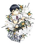  1boy artist_name black_hair brown_eyes chain crossed_arms cuffs flower gold_osmanthus looking_at_viewer male_focus marker_(medium) noeyebrow_(mauve) original shackles short_hair simple_background traditional_media white_background 