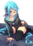  1girl aqua_hair arm_support bespectacled blue_eyes fu-ta glasses grin hatsune_miku headphones long_hair looking_at_viewer smile solo thigh-highs very_long_hair vocaloid white_background 