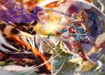  2girls armor ass axe camilla_(fire_emblem_if) cape feathers fighting fire fire_emblem fire_emblem_if fur_trim gloves hair_over_one_eye headset hinoka_(fire_emblem_if) holding_sword holding_weapon japanese_armor lance long_hair mayo_(becky2006) multiple_girls pegasus pegasus_knight pointing polearm purple_hair red_eyes red_gloves redhead riding sky sword text weapon wind wyvern 