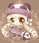 1girl animal_hat blonde_hair chibi cute hat looking_at_viewer panda smile twin_tails yellow_eyes 