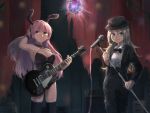  2girls alternate_costume alternate_eye_color animal_ears black_legwear blonde_hair blue_eyes bowtie cable choker curtains disco_ball fake_animal_ears formal guitar hair_between_eyes hand_on_headphones hat headphones instrument kokemozuku leotard lily_(vocaloid) long_hair looking_at_viewer megurine_luka microphone microphone_stand multiple_girls over-kneehighs pink_hair rabbit_ears raised_hand red_eyes shirt speaker stage suit thigh-highs vocaloid white_shirt wrist_cuffs 