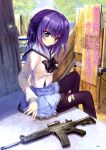  1girl absurdres assault_rifle blue_eyes breasts gun half_updo highres izumi_tsubasu m4_carbine pantyhose purple_hair re:stage! rifle school_uniform short_hair torn_clothes torn_pantyhose weapon 