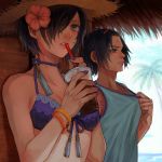  1boy 1girl bangs_pinned_back bikini black_hair blue_sky bracelet brother_and_sister clouds drink drinking_straw flower grey_eyes hair_flower hair_ornament hair_over_one_eye hat hibiscus highres holding jewelry kirishima_ayato kirishima_touka nail_polish palm_tree parted_lips purple_bikini purple_nails shirt_pull short_hair siblings sky straw_hat sweatdrop swimsuit t-shirt tokyo_ghoul tree upper_body xino 