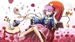  1girl azumi_(madogiwa_bocchi_seki) barefoot cup eyeball flower hairband heart komeiji_satori long_sleeves one_eye_closed open_mouth petals phone pink_eyes pink_hair rose shirt short_hair sitting skirt smile solo string table teacup teapot third_eye touhou wide_sleeves 