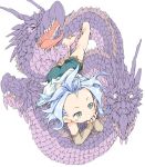  1girl aqua_eyes ass bare_legs blush_stickers detached_sleeves dragon frilled_shorts frills granblue_fantasy green_shorts ham_(points) lavender_hair long_hair long_sleeves lying navel on_stomach pointy_ears scales shorts solo strapless tiamat_(granblue_fantasy) tubetop upside-down very_long_hair younger 