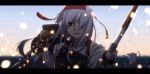  1girl bow_(weapon) brown_eyes gloves hairband kantai_collection kinosuke_(sositeimanoga) letterboxed long_hair muneate open_mouth remodel_(kantai_collection) shoukaku_(kantai_collection) silver_hair smile weapon 