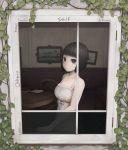  1girl bangs black_hair blunt_bangs chair commentary_request dress original solo table window yajirushi_(chanoma) 