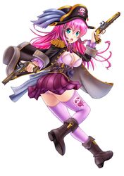  1girl boots breasts cleavage dual_wielding green_eyes gun hair_ornament hat jewelry large_breasts long_hair looking_at_viewer open_mouth original panties pink_hair pirate pirate_hat raizan skirt solo tachi-e thigh-highs trigger_discipline underwear weapon 