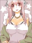  1girl bare_shoulders blush breasts cleavage headphones large_breasts long_hair looking_at_viewer nitroplus off_shoulder open_mouth pink_eyes pink_hair shirt smile solo super_sonico warai 
