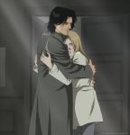  1boy 1girl anna_liebert black_hair blonde_hair blue_eyes bret13 closed_eyes coat door highres hug light monster_(manga) official_style tenma_kenzou watermark web_address 