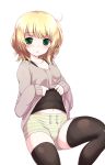  1girl black_legwear blonde_hair blush gochuumon_wa_usagi_desu_ka? green_eyes kirima_sharo looking_at_viewer open_mouth shirt_lift short_hair shorts solo sora_to_umi striped_shorts thigh-highs 