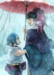  1boy 1girl abarai_renji black_hair bleach eye_contact highres holding_umbrella japanese_clothes kuchiki_rukia long_hair looking_at_another meitarou redhead short_hair snow umbrella 