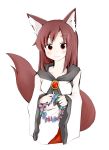  1girl animal_ears blush breasts brooch brown_hair collarbone dress head_wreath highres imaizumi_kagerou jewelry kuroneko_(kuroi-neko) long_hair long_sleeves looking_at_viewer red_eyes simple_background smile solo tail touhou white_background wolf_ears wolf_tail 