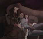  2girls asami_sato bare_shoulders brown_hair couch couple korra legend_of_korra long_hair multiple_girls sleeping william_ruzicka yuri 