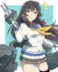  cannon commentary_request gloves grin hair_ribbon ikeshita_moyuko isokaze_(kantai_collection) kantai_collection long_hair looking_at_viewer miniskirt ribbon sailor_collar single_thighhigh skirt smile surprised sweater thigh-highs twintails white_gloves white_sweater 