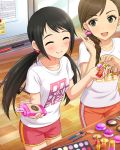  2girls artist_request black_hair blush closed_eyes clothes_writing earrings english etou_misaki_(idolmaster) green_eyes gym_shirt gym_shorts idolmaster idolmaster_cinderella_girls jewelry multiple_girls nakano_yuka official_art shirt shorts side_ponytail smile solo twintails 