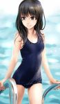  1girl black_eyes black_hair blush breasts katahira_masashi long_hair original pool school_swimsuit smile solo swimsuit wet 