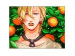  1boy blonde_hair earrings food fruit jewelry jojo_no_kimyou_na_bouken male_focus mandaman necktie orange pannacotta_fugo portrait solo strawberry sweat violet_eyes 