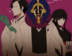  1girl 2boys akon bangs black_hair black_nails bleach blunt_bangs glove_pull gloves grin kurotsuchi_mayuri kurotsuchi_nemu multiple_boys nail_polish nuku purple_background smile smoke smoking 