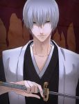  1boy bleach blue_eyes grey_eyes ichimaru_gin katana nuku short_hair silver_hair smile solo sword weapon 