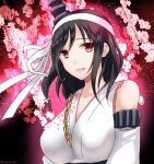  1girl black_hair breasts cherry_blossoms detached_sleeves eko hair_ornament headband kantai_collection large_breasts light_smile looking_at_viewer nontraditional_miko parted_lips red_eyes short_hair solo tree_branch twitter_username upper_body yamashiro_(kantai_collection) 