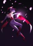  1girl bare_shoulders bat_print bat_wings black_background boots demon_girl full_body head_wings high_heel_boots high_heels highres leotard lilith_aensland low_wings magic pantyhose pointy_ears print_legwear purple_hair red_eyes red_shoes red_wings seinen shoes short_hair small_breasts smile solo succubus vampire_(game) wings 