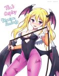  1girl bare_shoulders bat_print blonde_hair blush breasts bridal_gauntlets cleavage cosplay demon_girl demon_wings head_wings large_breasts leotard long_hair looking_at_viewer mauve morrigan_aensland morrigan_aensland_(cosplay) open_mouth pantyhose pointy_ears potion_maker print_legwear simple_background solo tia_(potion_maker) twintails vampire_(game) violet_eyes whip white_background wings 