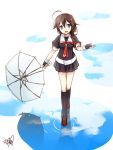 1girl ahoge black_gloves black_legwear black_serafuku blue_eyes braid brown_hair clouds fingerless_gloves gloves hair_flaps hair_ornament hair_ribbon holding holding_umbrella kantai_collection kneehighs loafers long_hair looking_at_viewer open_mouth pleated_skirt puddle reflection remodel_(kantai_collection) ribbon saeki_hokuto school_uniform serafuku shigure_(kantai_collection) shoes short_sleeves signature single_braid skirt sky smile solo umbrella water 