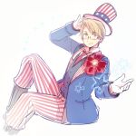  1boy america_(hetalia) axis_powers_hetalia blonde_hair blue_eyes crossed_legs fourth_of_july glasses gloves hat male_focus necktie rosel-d sitting smile star top_hat white_gloves 